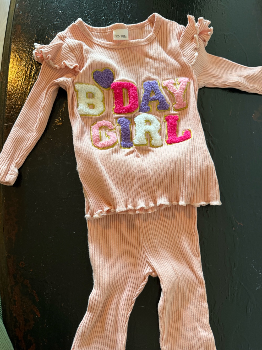 Pink Ribbed Knit Top with Colorful 'B-DAY GIRL' Appliqué